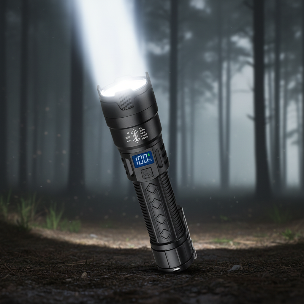 High power rechargeable LED torch with long-range beam and waterproof design