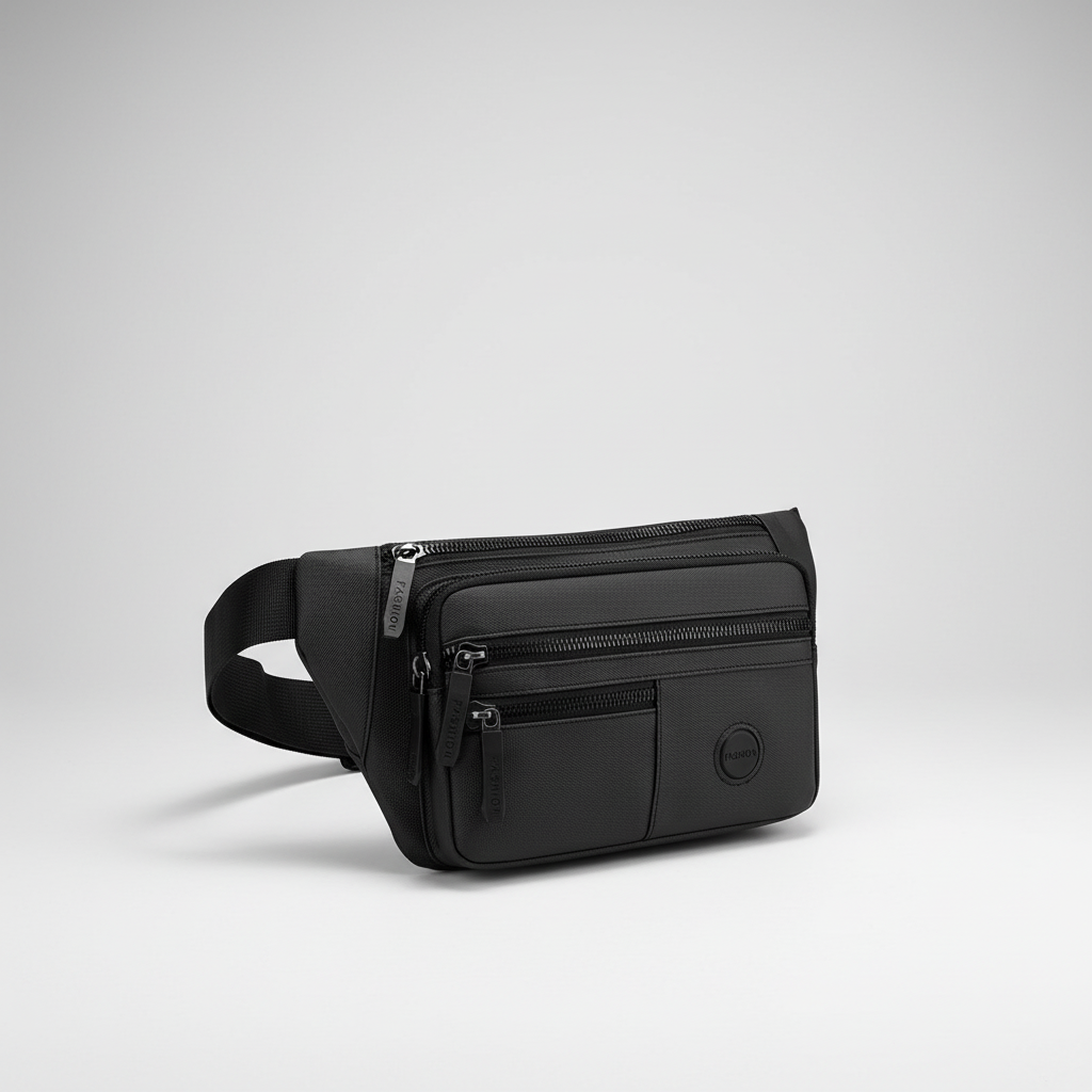 Compact nylon waist bag with multiple compartments and adjustable strap