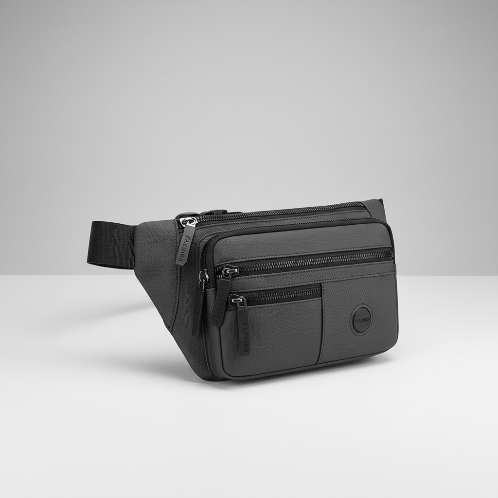 Compact nylon waist bag with multiple compartments and adjustable strap