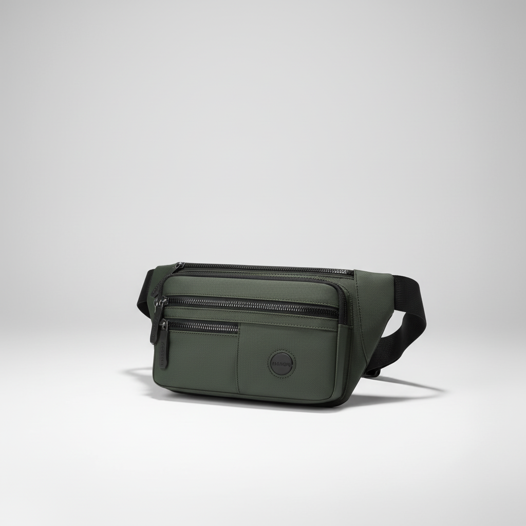Compact nylon waist bag with multiple compartments and adjustable strap