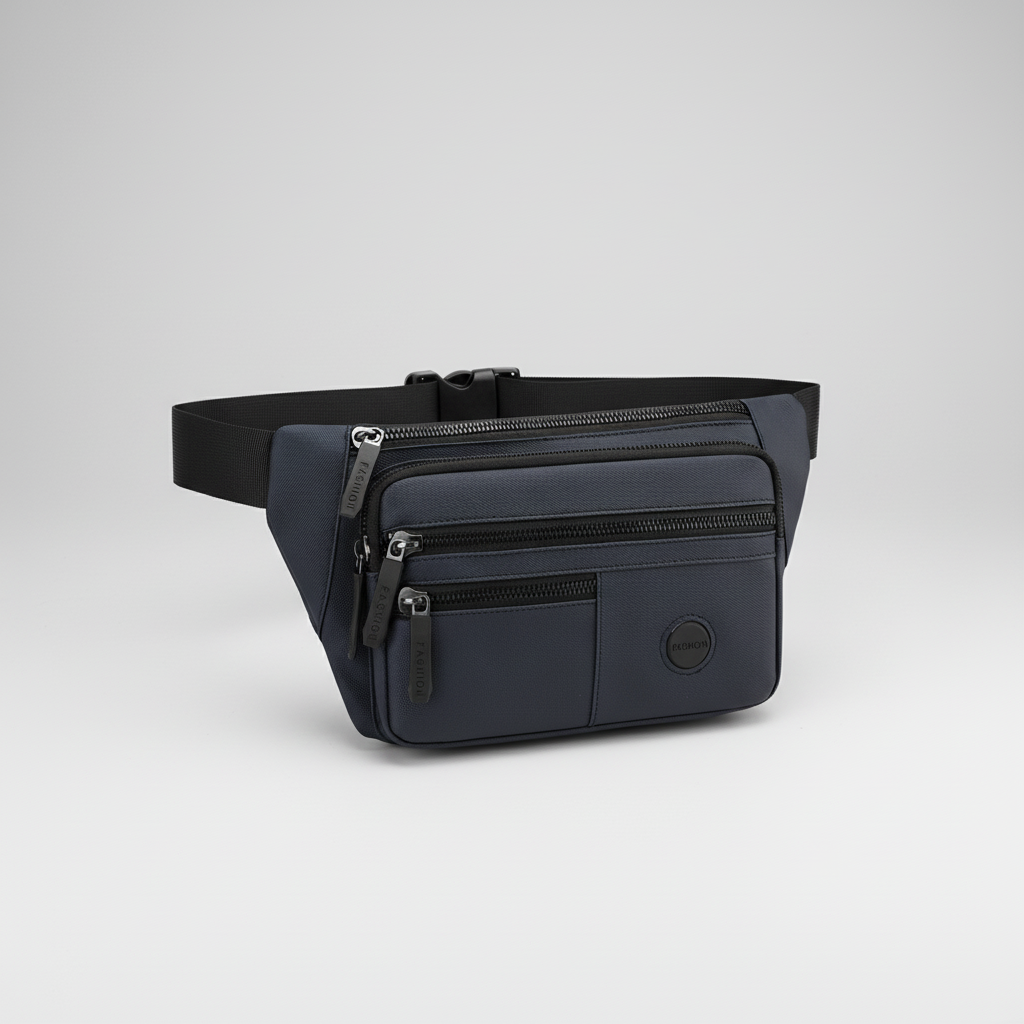 Compact nylon waist bag with multiple compartments and adjustable strap