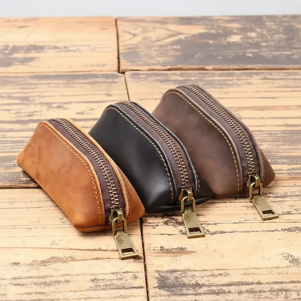 Compact vintage zipper coin pouch with organised storage for coins cards and keys