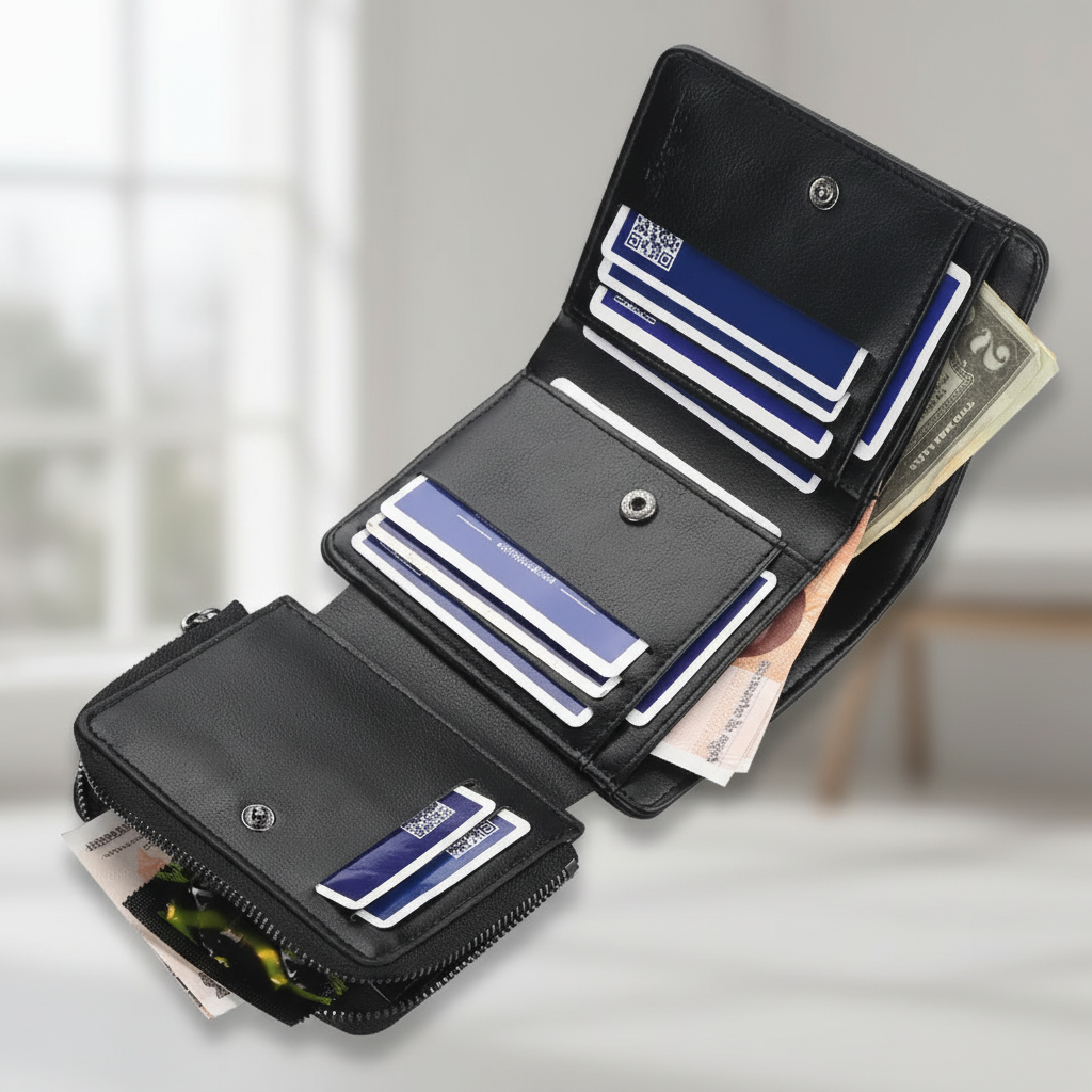 Compact trifold wallet with multiple card slots and zippered coin pocket