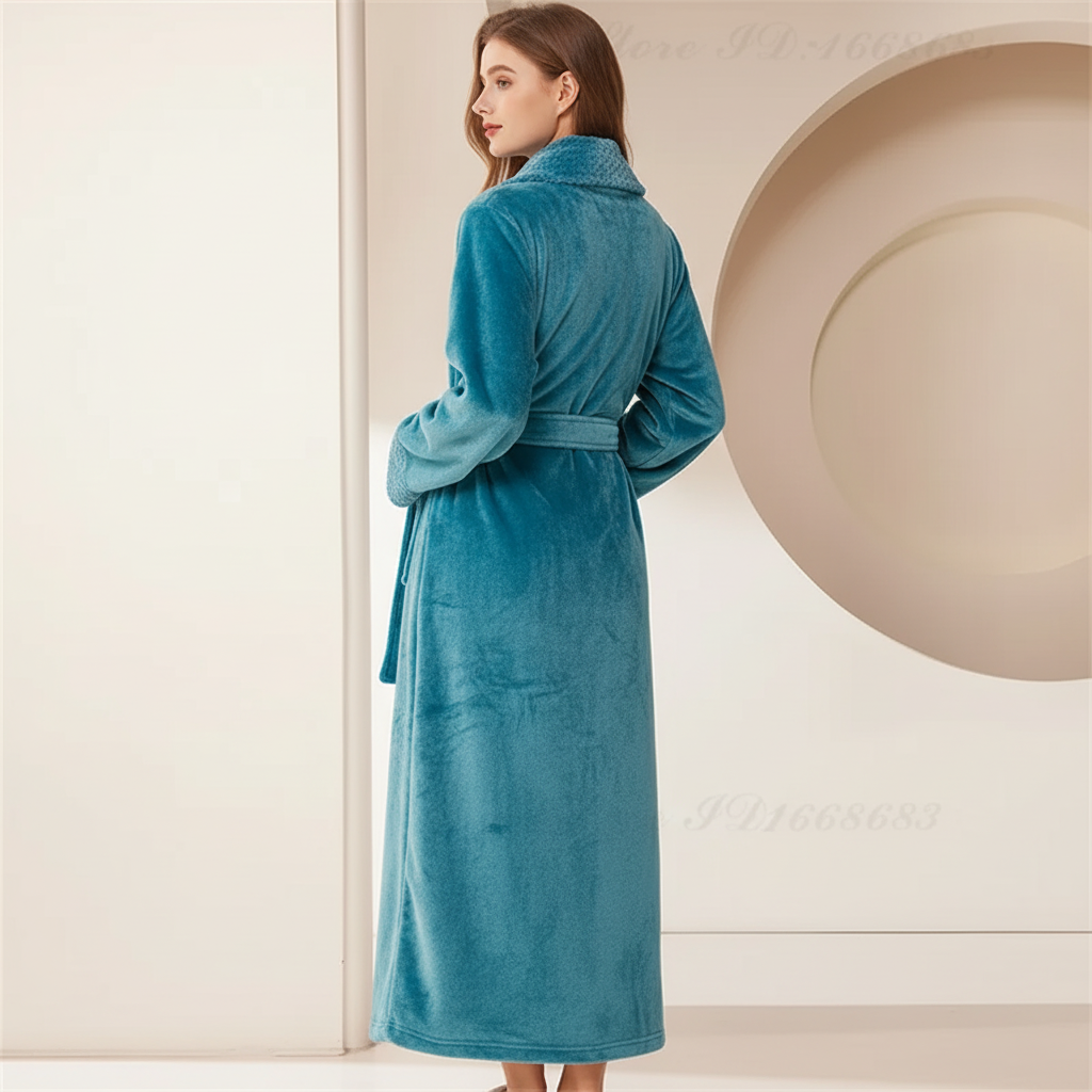 Long plush robe with shawl collar and front pockets
