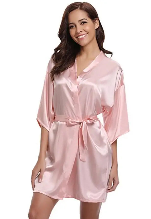 Short kimono style robe with wide sleeves and adjustable tie waist
