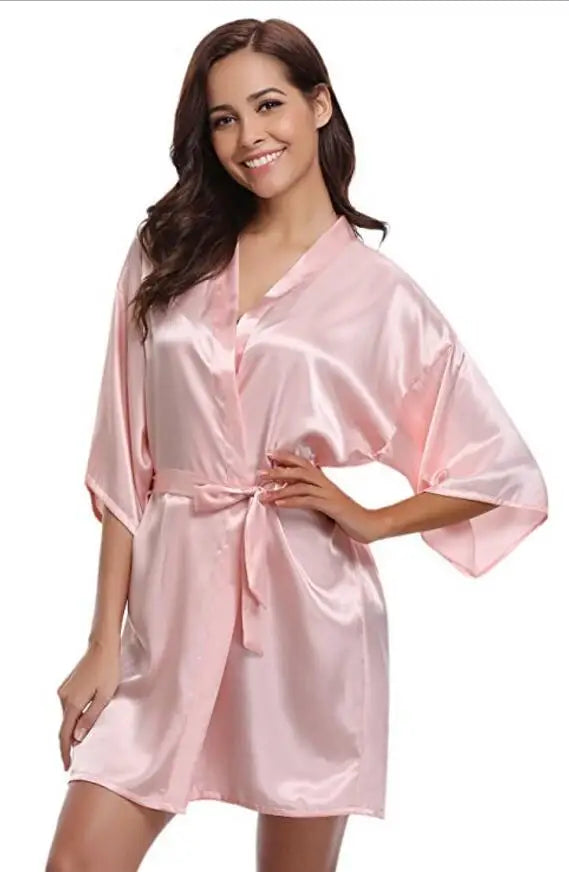 Short kimono style robe with wide sleeves and adjustable tie waist