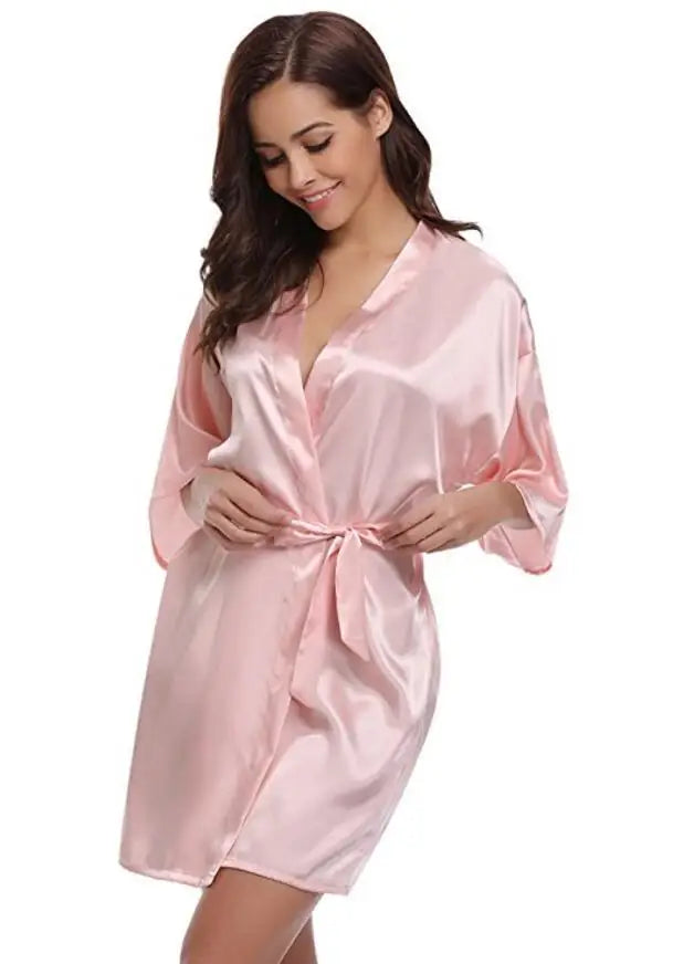 Short kimono style robe with wide sleeves and adjustable tie waist