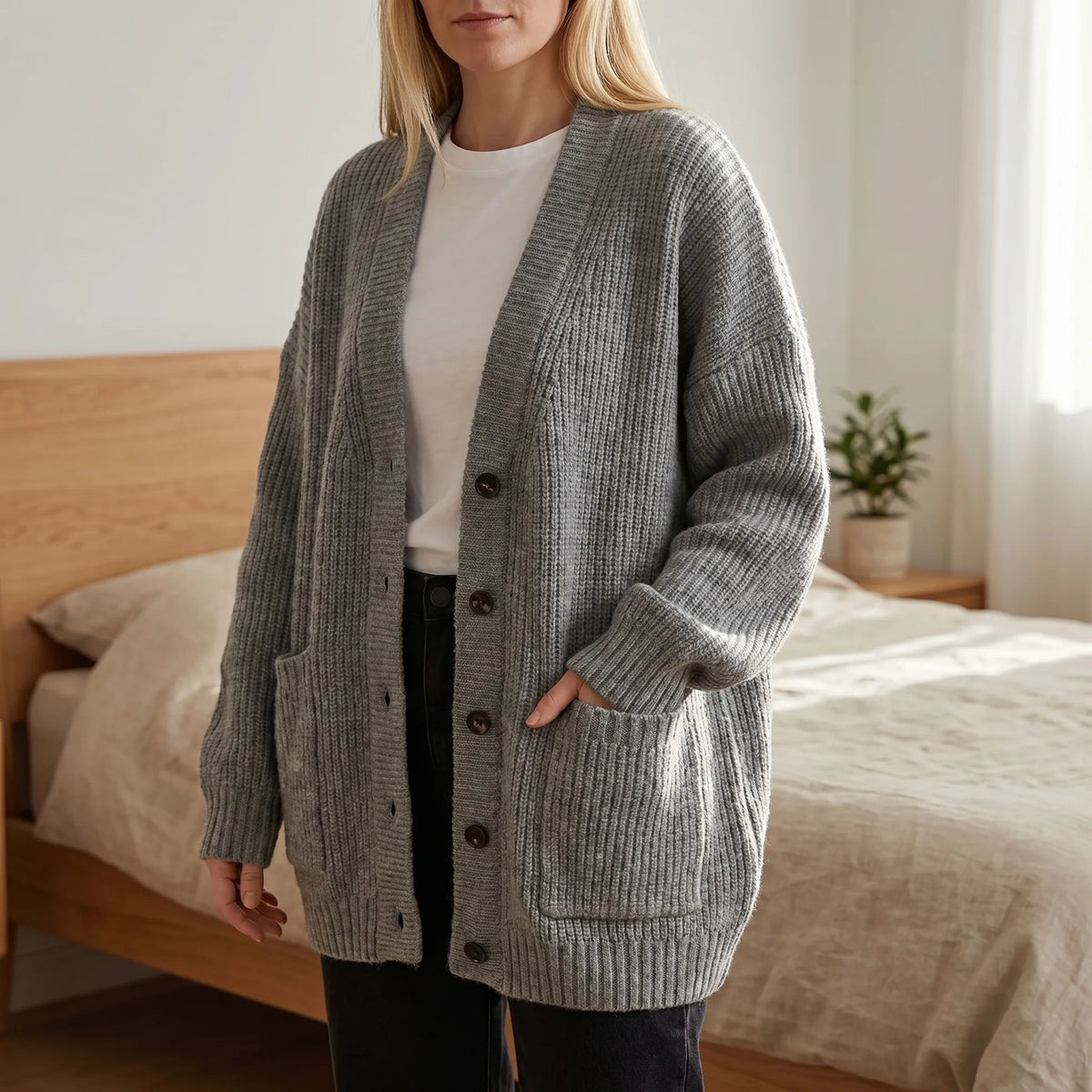 Oversized knit cardigan with deep V-neck and patch pockets for women