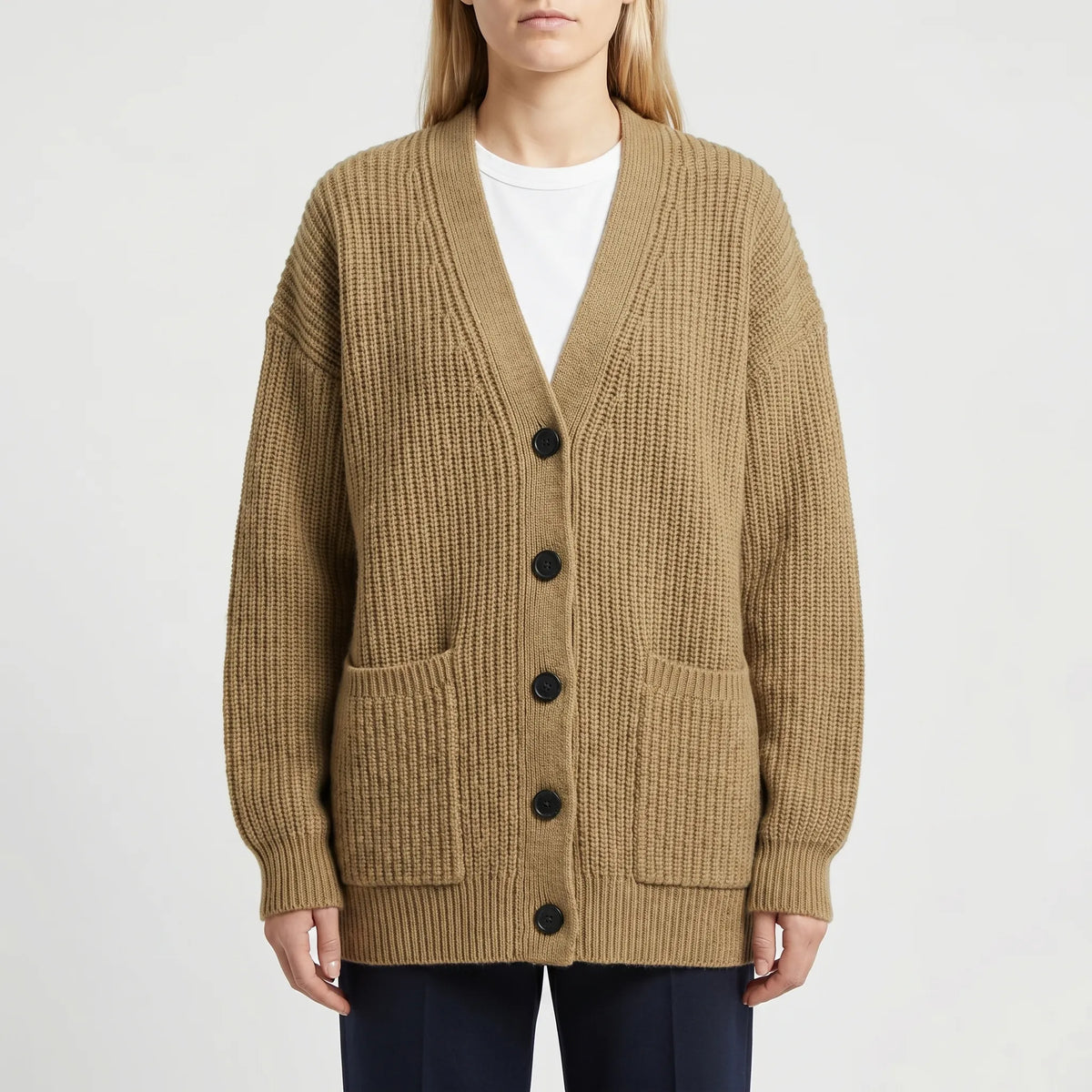 Oversized knit cardigan with deep V-neck and patch pockets for women