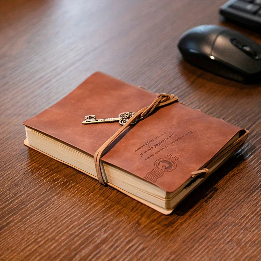 Vintage antique style notebook with wrap closure and decorative pendant
