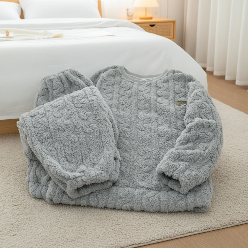 Plush long sleeve winter pyjama set with textured floral design