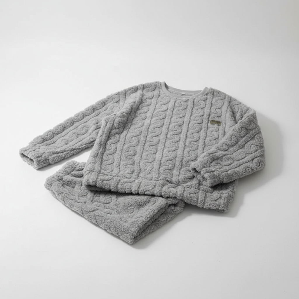 Plush long sleeve winter pyjama set with textured floral design