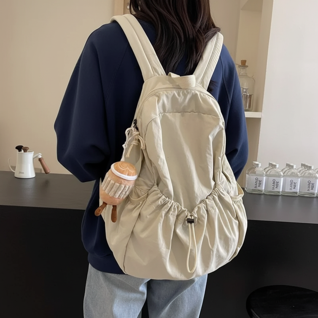 Large-volume nylon backpack with pleated design and padded straps