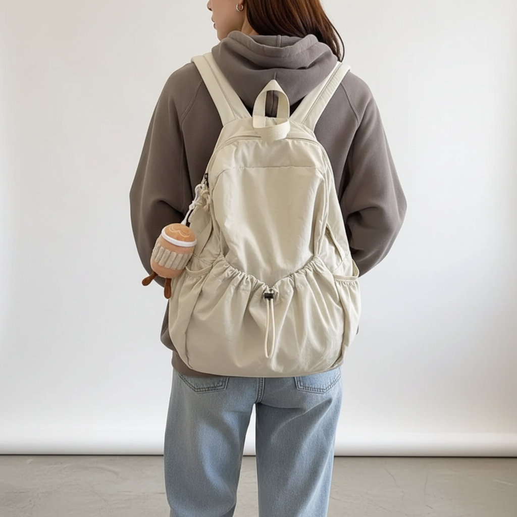 Large-volume nylon backpack with pleated design and padded straps