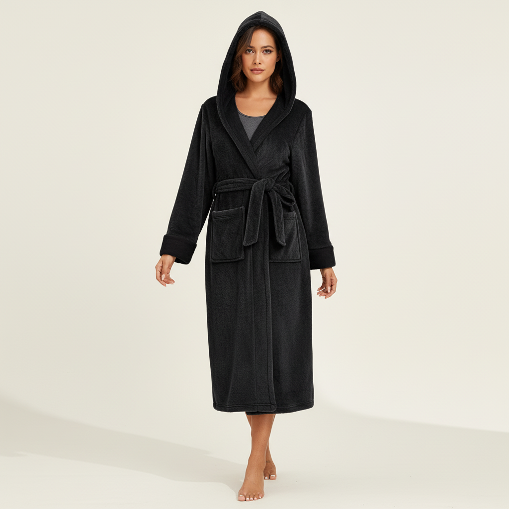 Long hooded robe ankle length with plush soft surface and adjustable belt