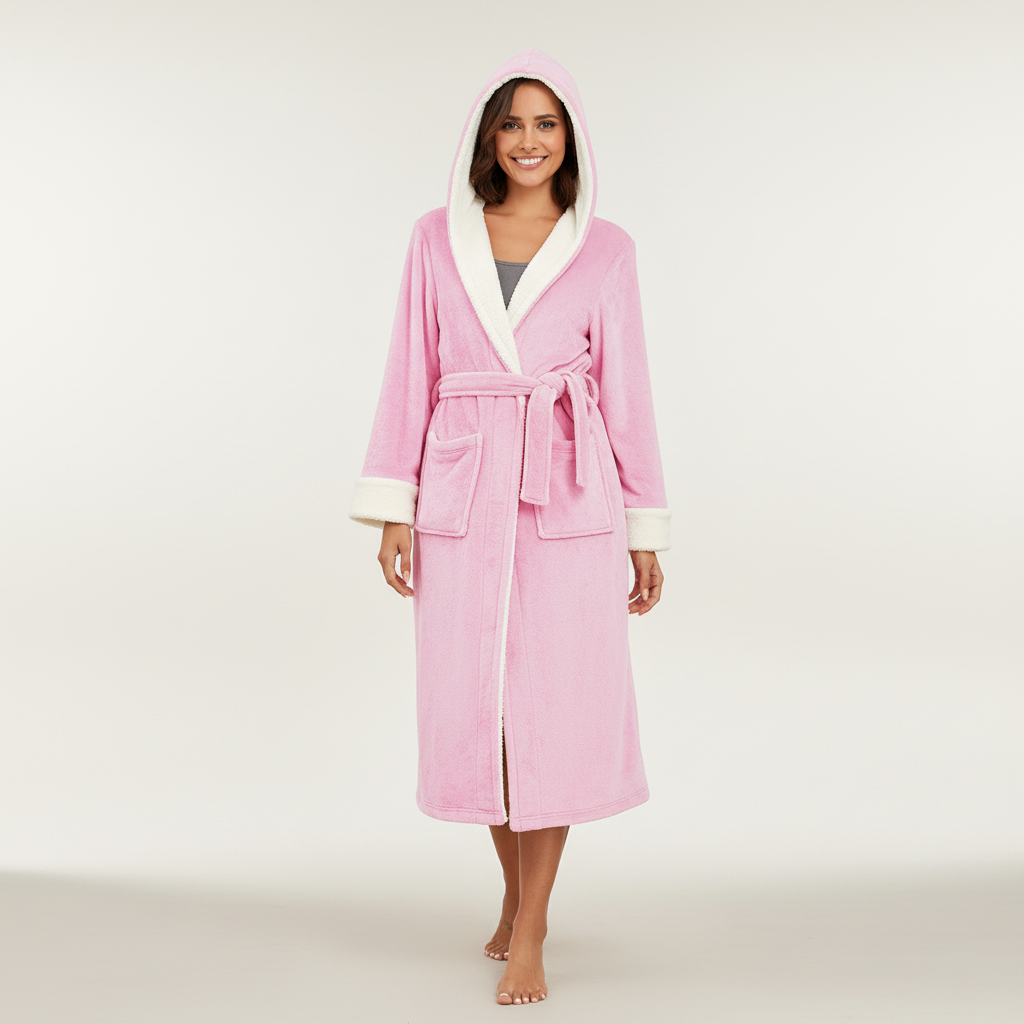 Long hooded robe ankle length with plush soft surface and adjustable belt