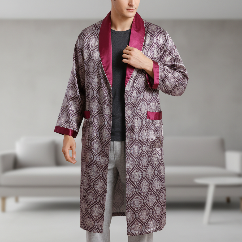 Long kimono robe with geometric pattern and glossy binding