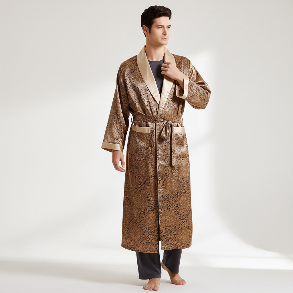 Long kimono robe with geometric pattern and glossy binding