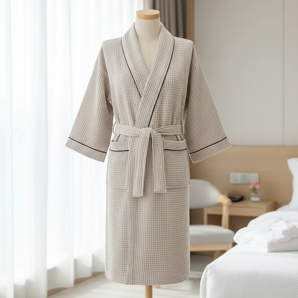 Lightweight waffle bathrobe with V-neckline and three-quarter sleeves