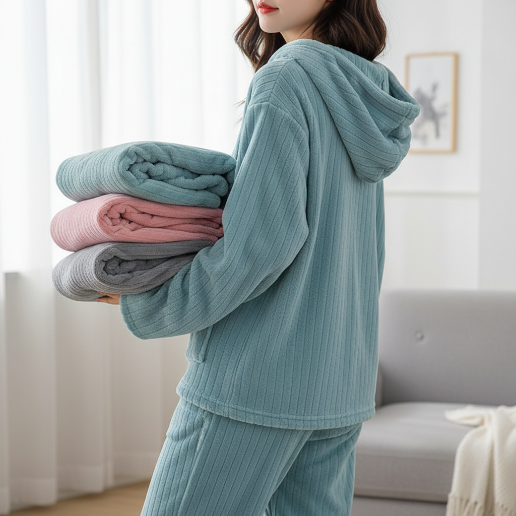 Padded long sleeve pyjama set with plush surface and ribbed texture