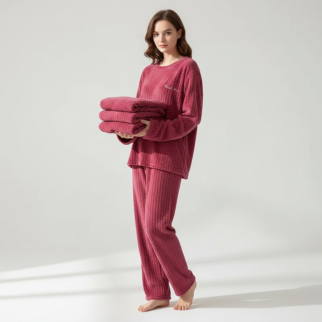 Padded long sleeve pyjama set with plush surface and ribbed texture