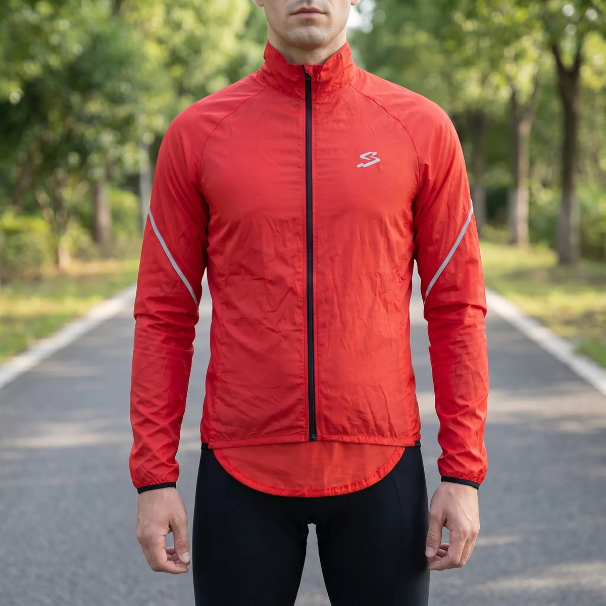 Lightweight cycling windbreaker with water-repellent finish and athletic fit