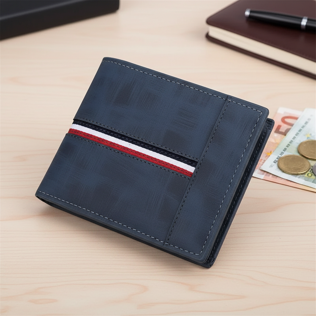 Slim short bifold wallet with coin pocket and multiple card slots