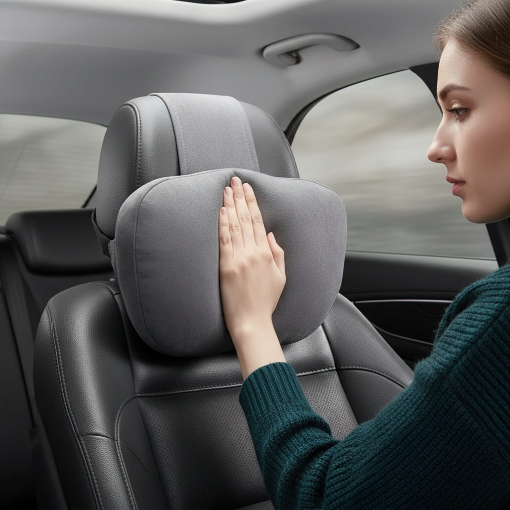 Universal car headrest cushion with soft microfibre cover and ergonomic neck support