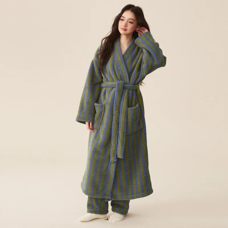 Long ankle length plush robe with vertical stripes and wrap belt