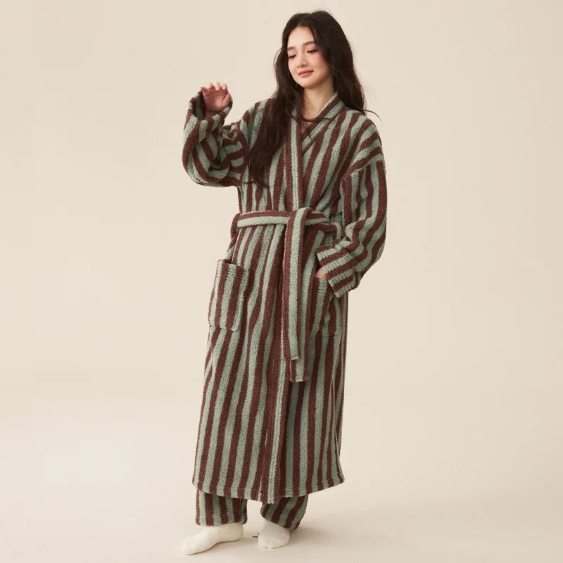 Long ankle length plush robe with vertical stripes and wrap belt