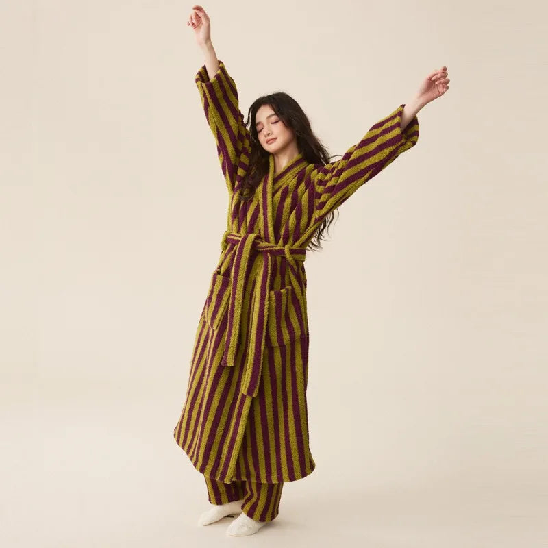 Long ankle length plush robe with vertical stripes and wrap belt