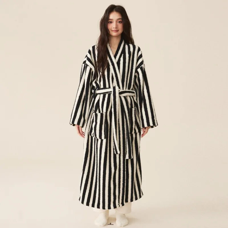 Long ankle length plush robe with vertical stripes and wrap belt