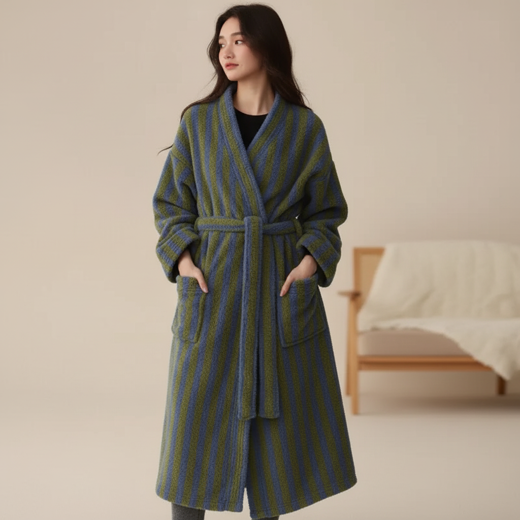 Long ankle length plush robe with vertical stripes and wrap belt