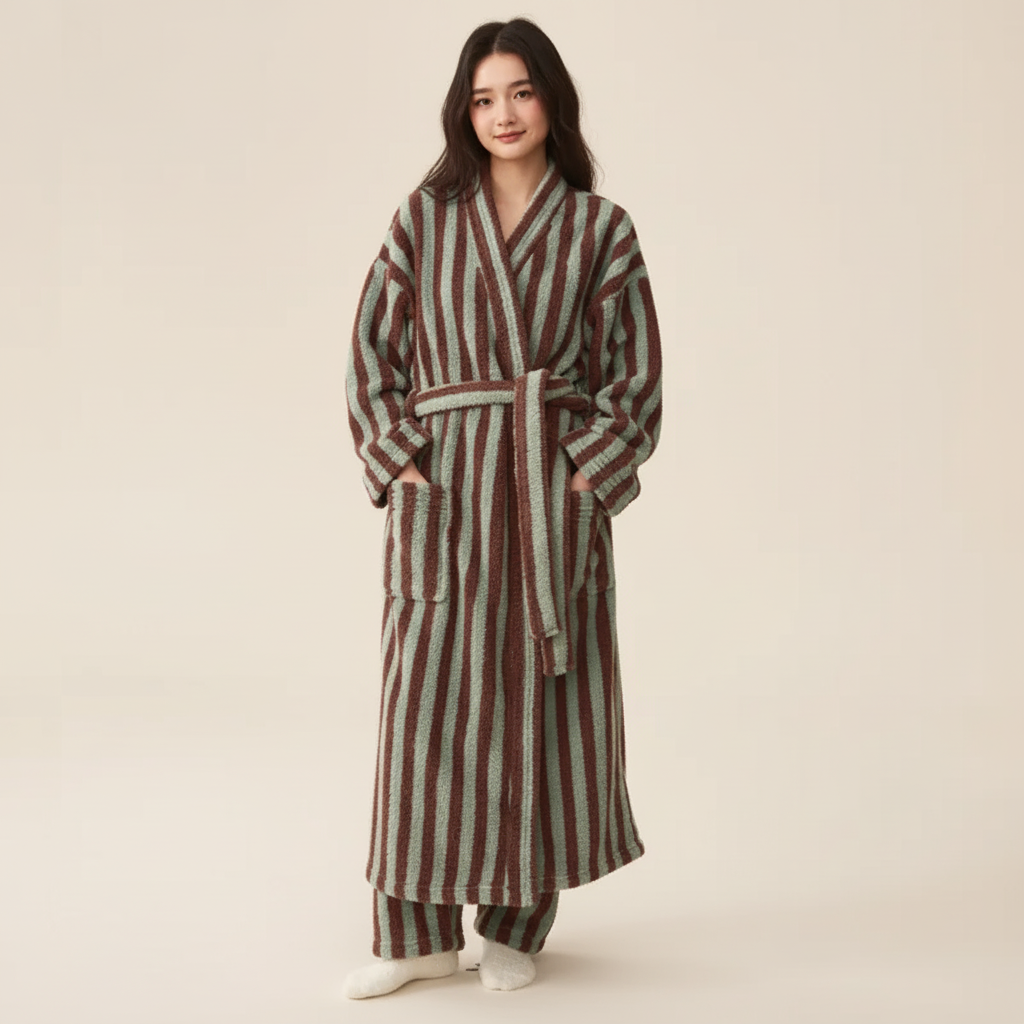 Long ankle length plush robe with vertical stripes and wrap belt
