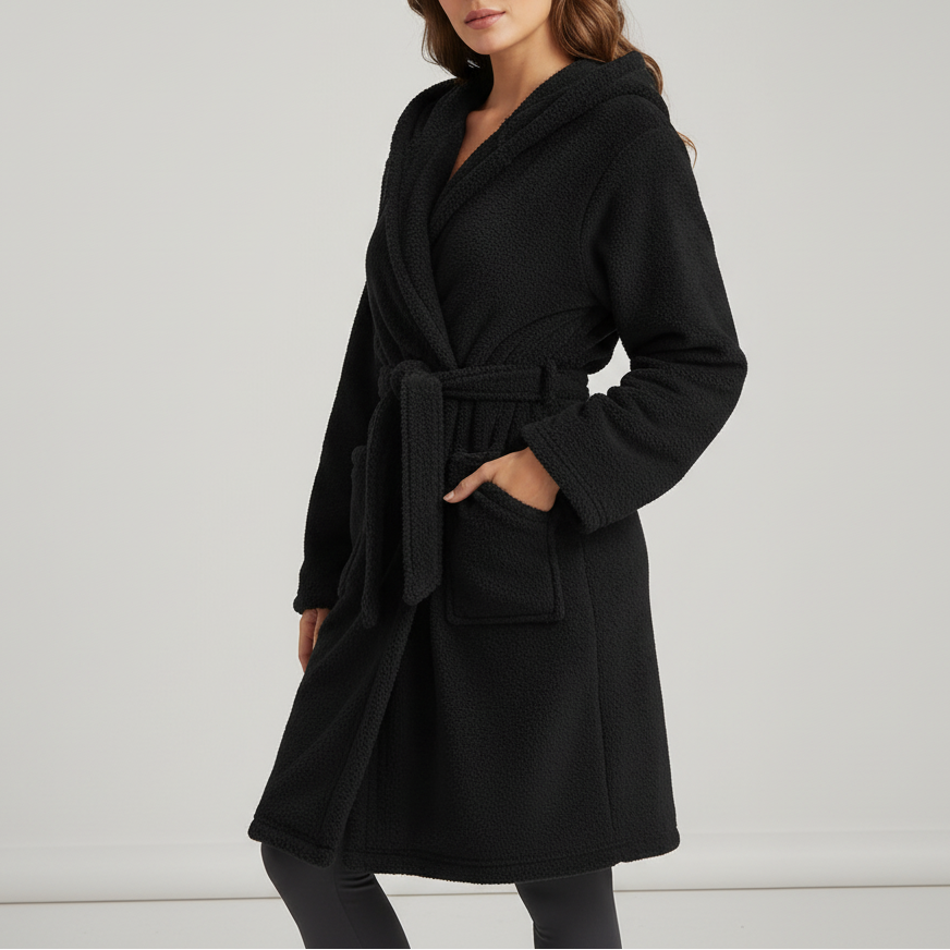Hooded knee-length plush bathrobe with adjustable tie and front pockets