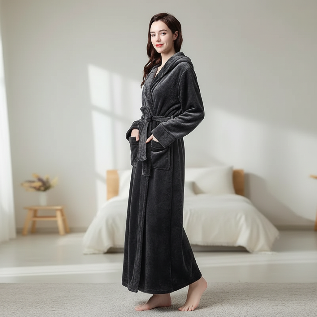 Extra long hooded bathrobe with plush soft surface and front pockets