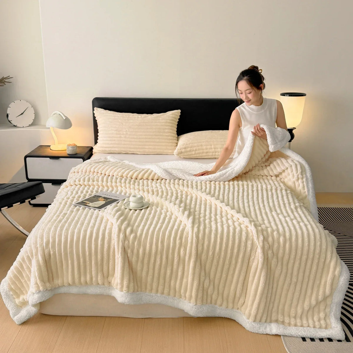Thick plush throw blanket with soft pile and rib texture