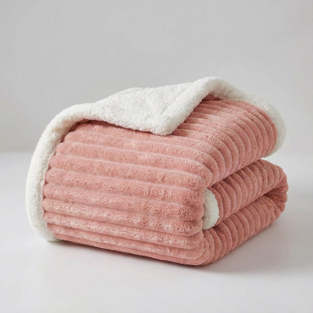 Thick plush throw blanket with soft pile and rib texture