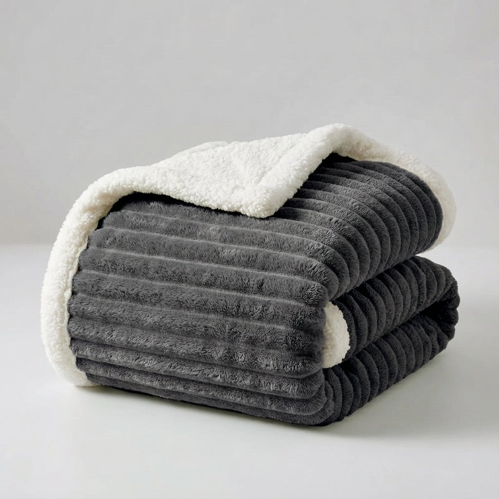 Thick plush throw blanket with soft pile and rib texture