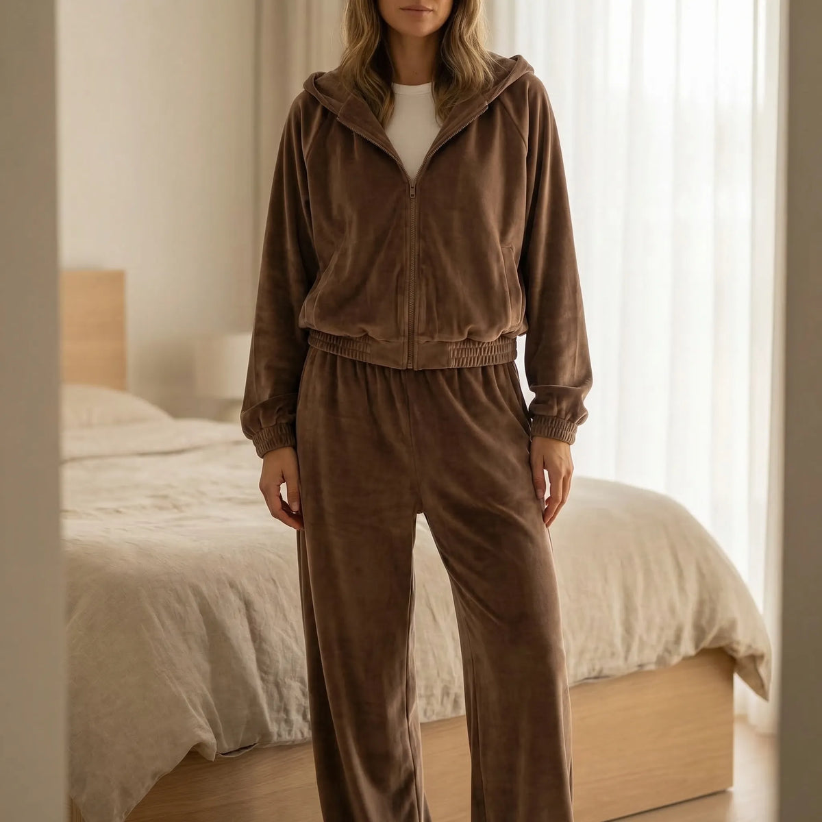 Women's loungewear set with zip-up hooded top and wide-leg trousers