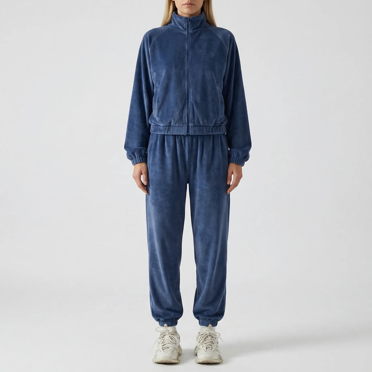 Women's loungewear set with zip-up hooded top and wide-leg trousers