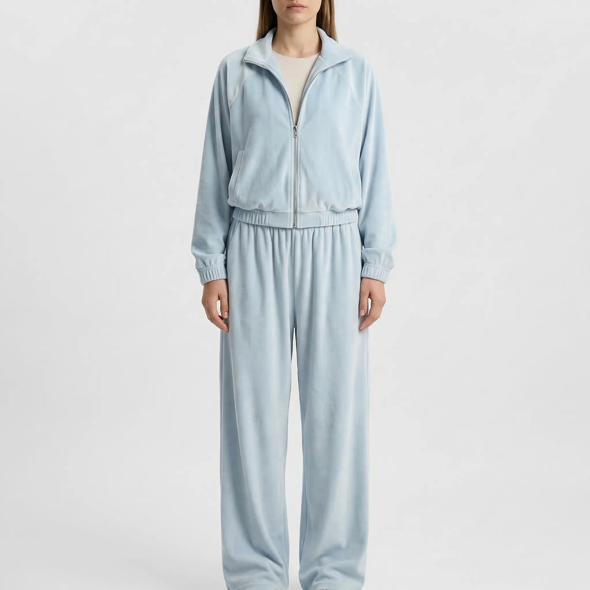 Women's loungewear set with zip-up hooded top and wide-leg trousers