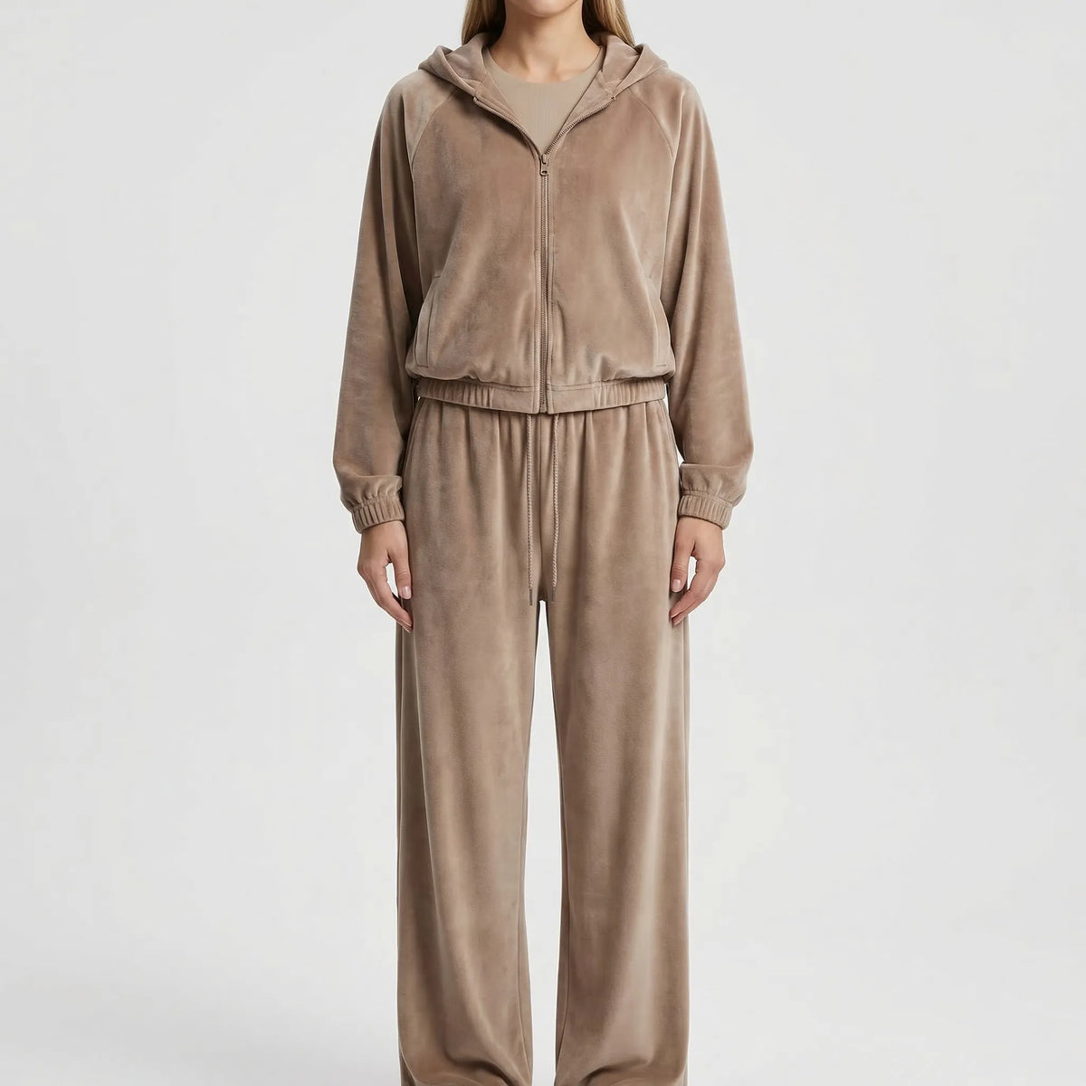 Women's loungewear set with zip-up hooded top and wide-leg trousers