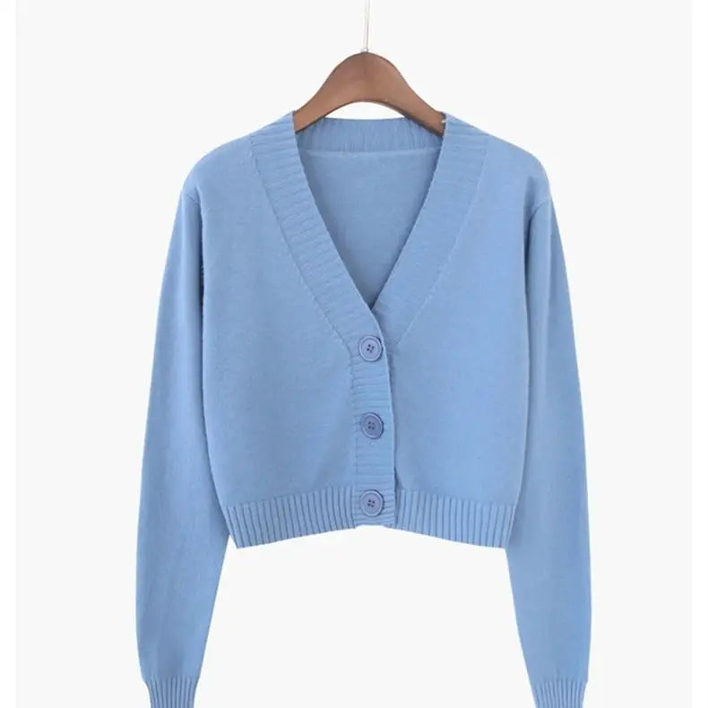 Cropped V-neck cardigan with lightweight textured fabric and ribbed trim