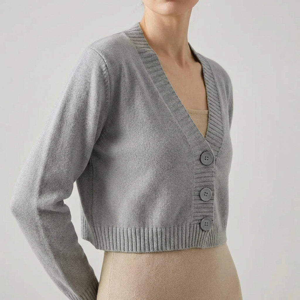 Cropped V-neck cardigan with lightweight textured fabric and ribbed trim