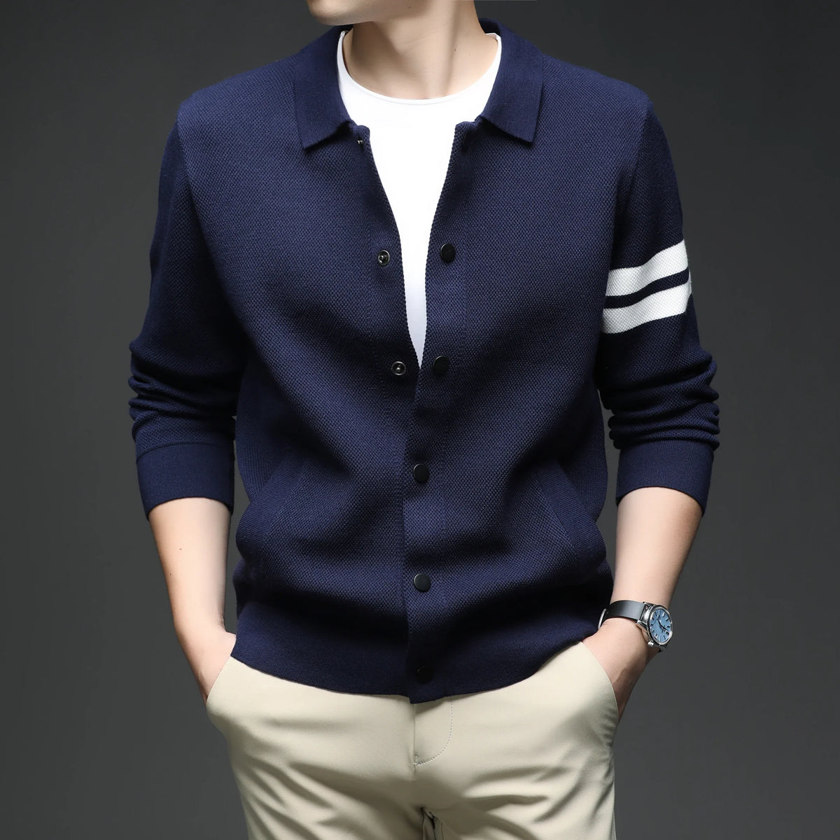 Men's collar cardigan sweater with relaxed fit and sleeve stripe detail