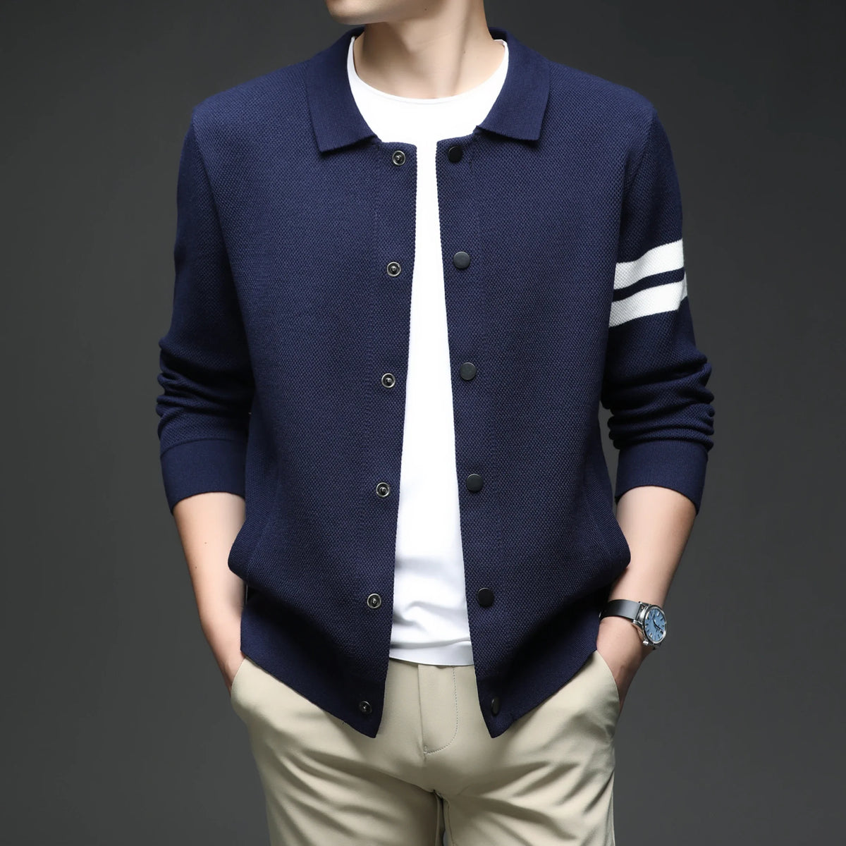 Men's collar cardigan sweater with relaxed fit and sleeve stripe detail