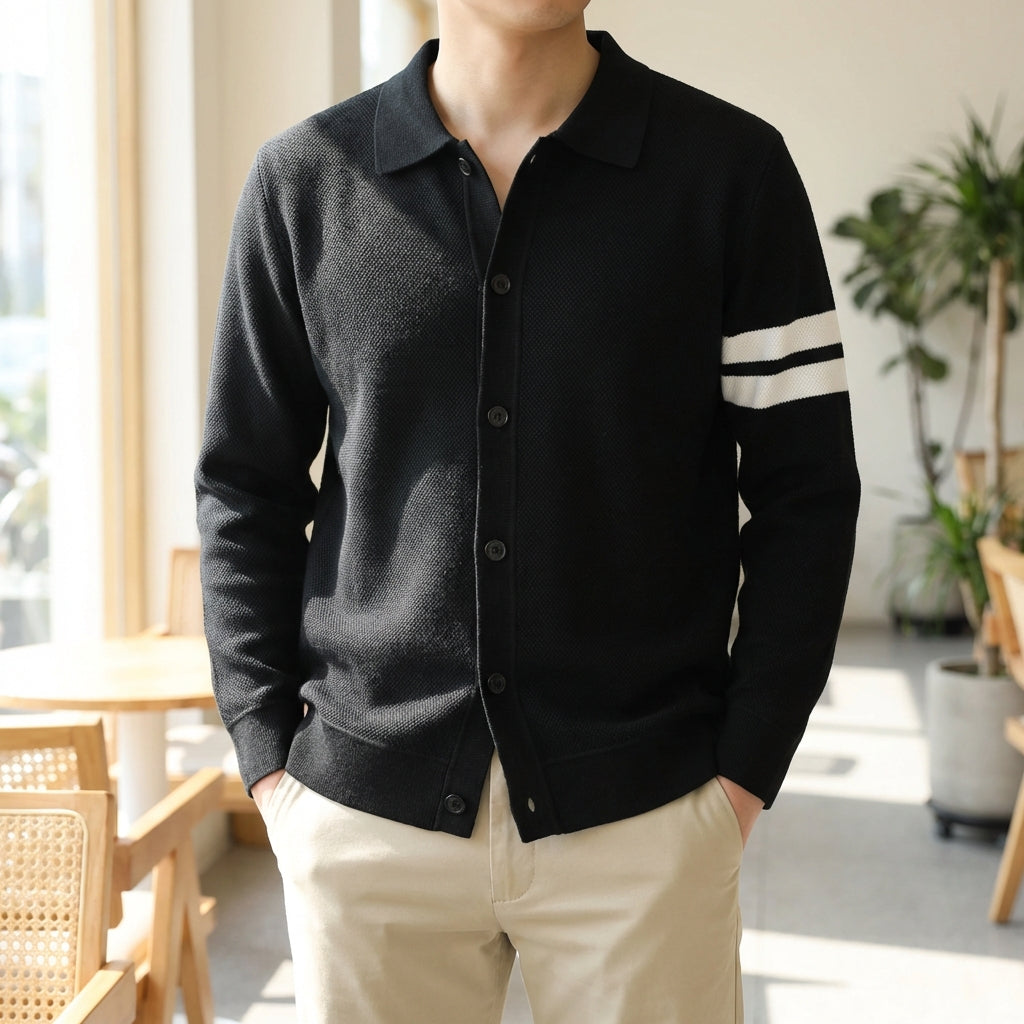 Men's collar cardigan sweater with relaxed fit and sleeve stripe detail