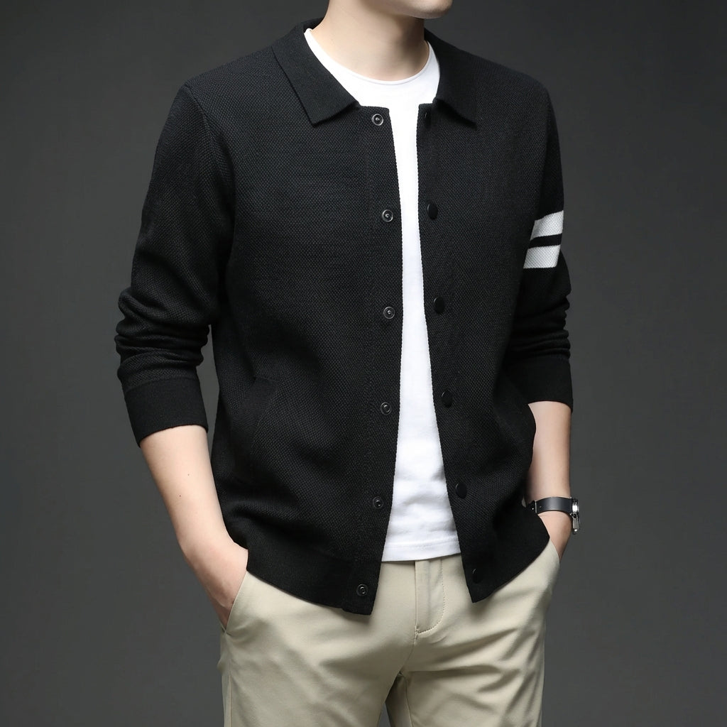 Men's collar cardigan sweater with relaxed fit and sleeve stripe detail