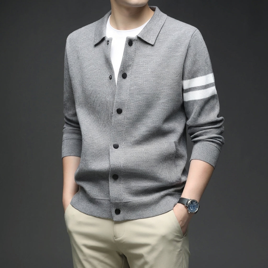 Men's collar cardigan sweater with relaxed fit and sleeve stripe detail